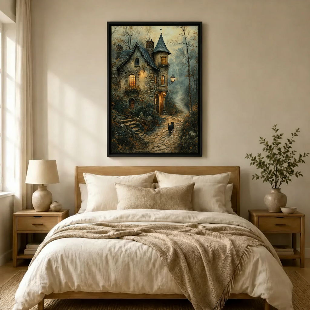Gothic Cottage Black Cat Canvas Wall Art