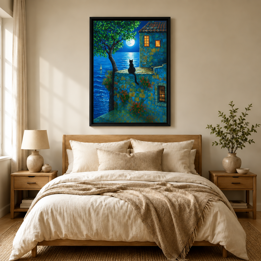 Mediterranean Night Cat Canvas Wall Art