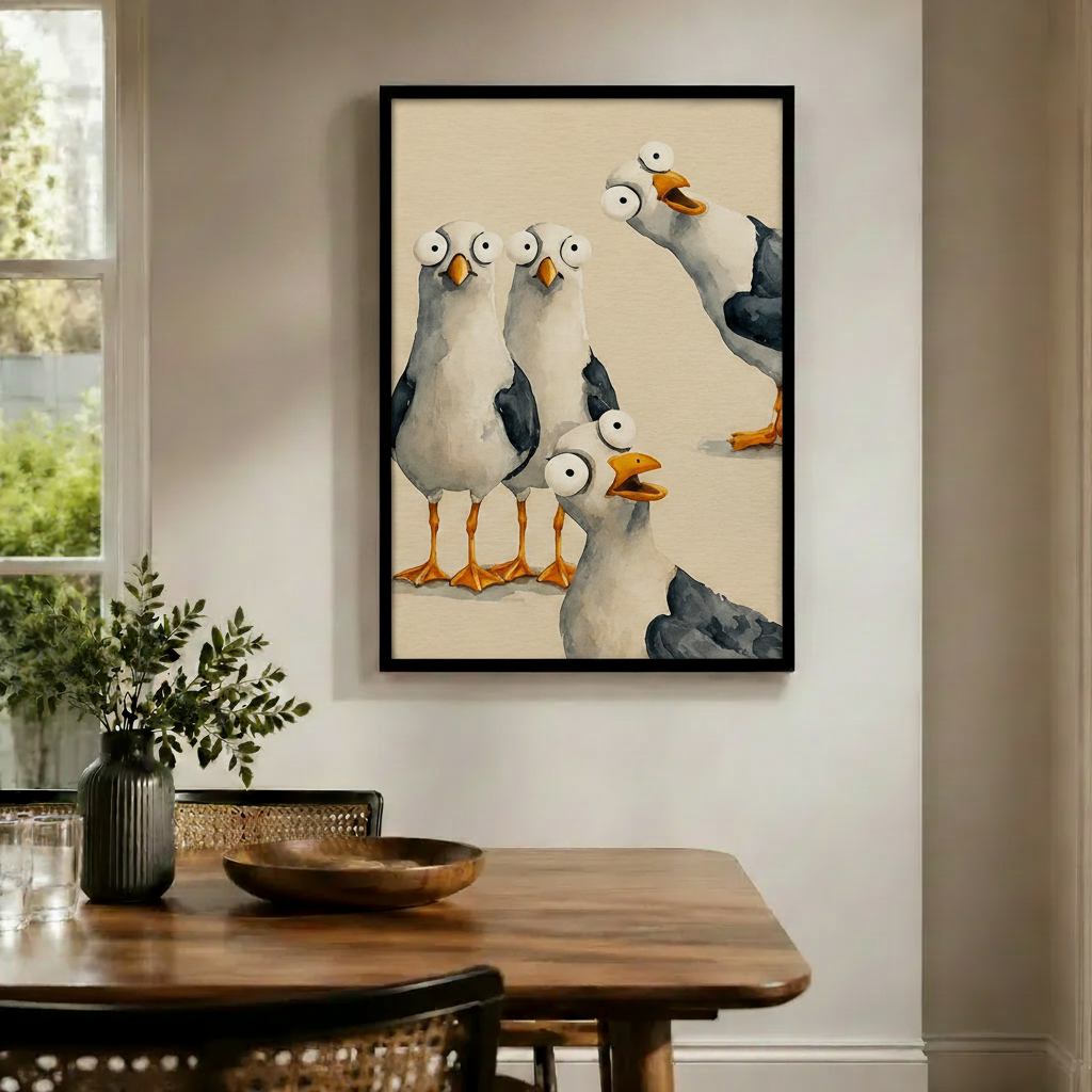 Funny Seagull Gang Watercolor Whimsical Canvas Art