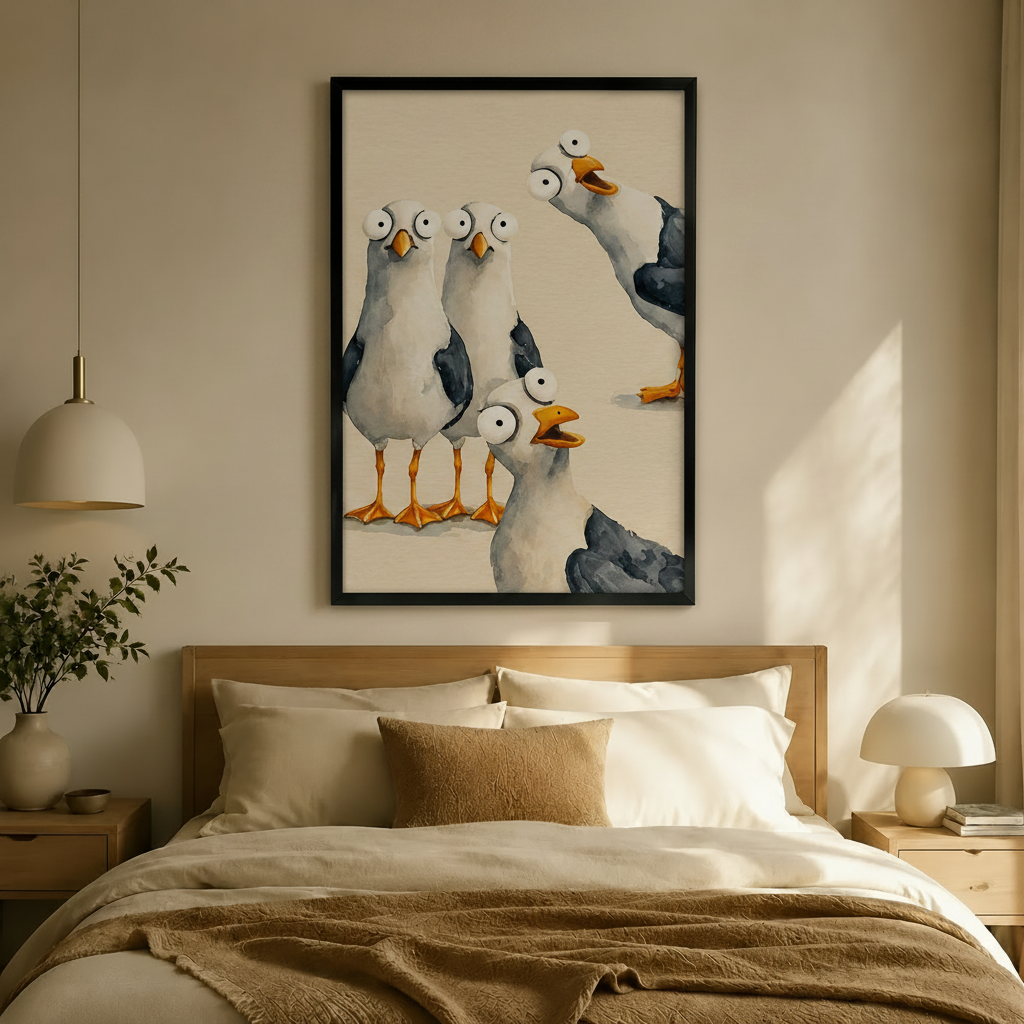 Funny Seagull Gang Watercolor Whimsical Canvas Art
