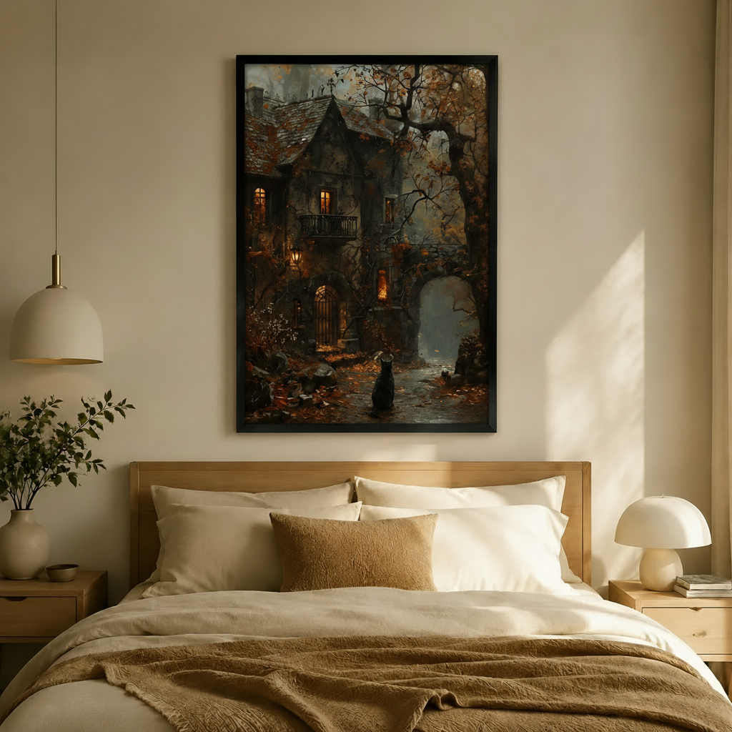 Black Cat Gothic Cottage Autumn Night Canvas Art