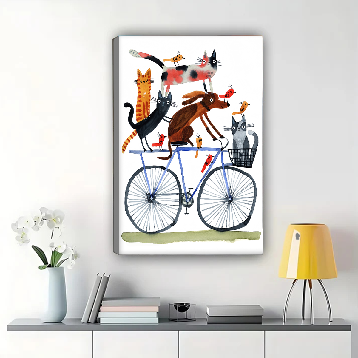 Animals on Bicycle Wall Art - Whimsical Cats Dogs Birds Print|W1207