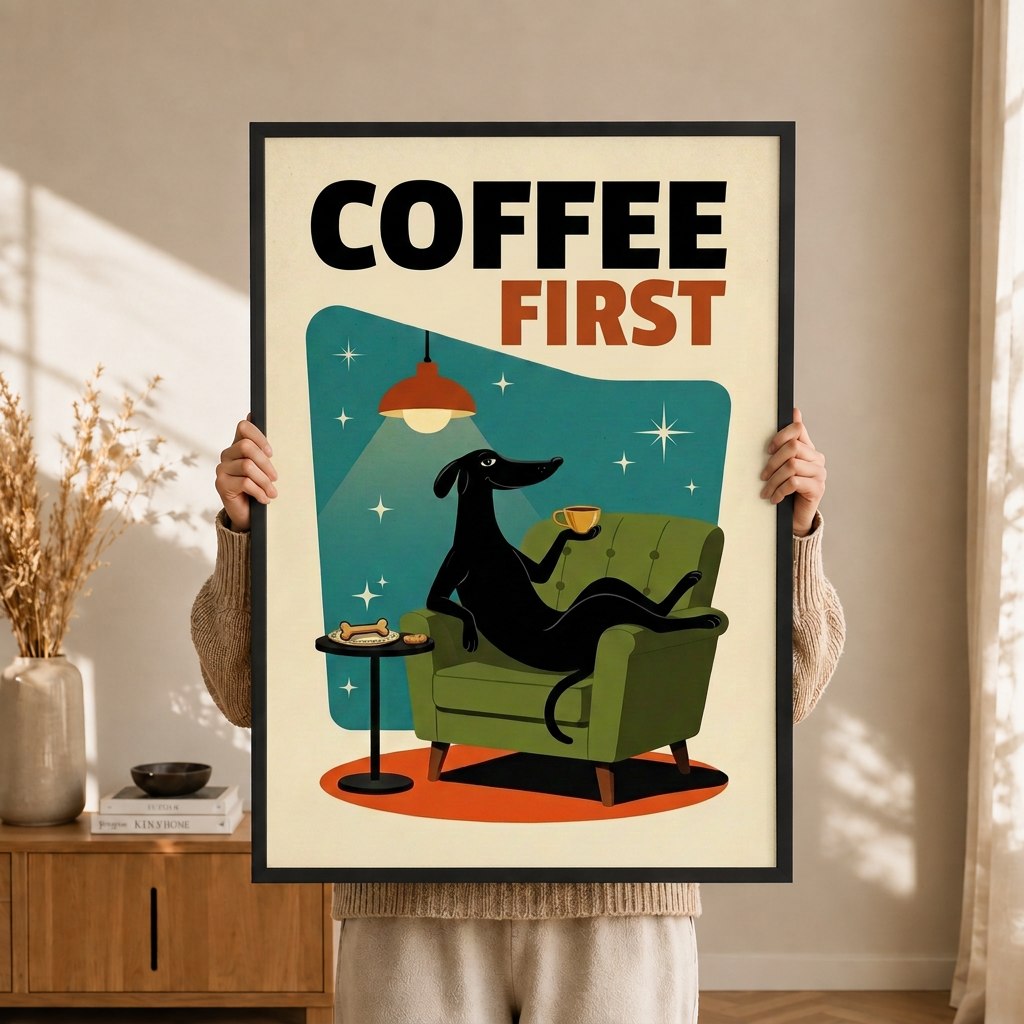 Coffee First Greyhound Retro Poster Canvas Wall Art