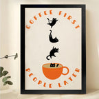 The Coffee-First Cat Crew – Playful Retro Wall Art on Natural Wood Canvas | W578