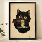 Black Cat Eating Ramen – Whimsical Japanese Ukiyo-e Style Wall Art on Natural Wood Canvas | W842