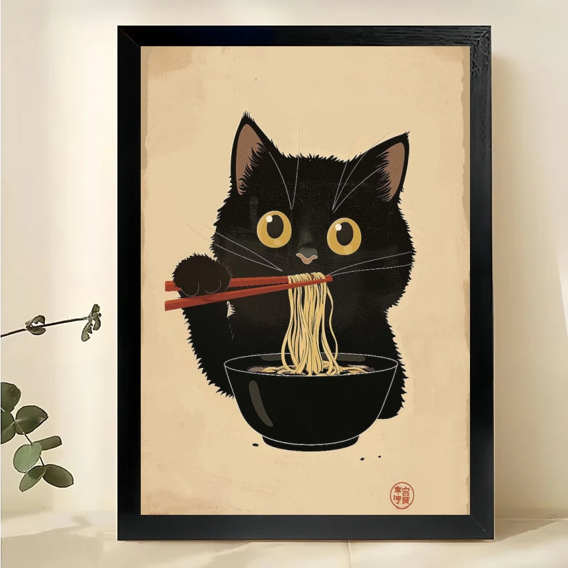 Black Cat Eating Ramen – Whimsical Japanese Ukiyo-e Style Wall Art on Natural Wood Canvas | W842