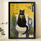 Black Cat Reading on Toilet Wall Art – Funny Bathroom Cat Canvas Print on Natural Wood Frame | W2259