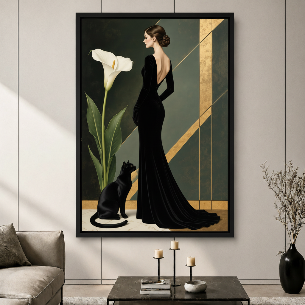 Art Deco Elegant Woman Black Cat Canvas Art