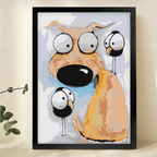 Big-Eyed Dog & Two Funny Birds Wall Art – Whimsical Cartoon Canvas Print on Natural Wood Frame | W2177