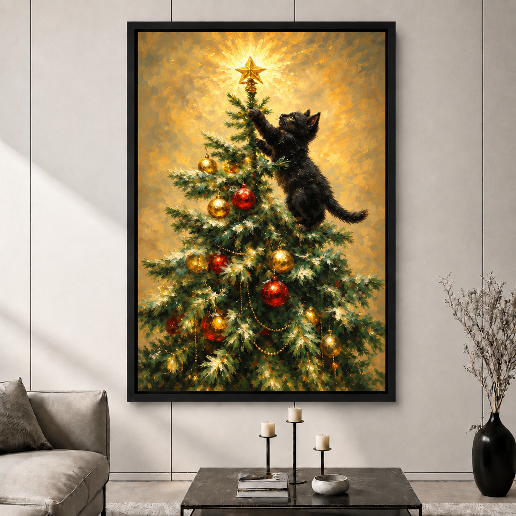 Black Cat Christmas Tree Oil Painting Canvas