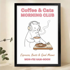 Coffee & Cats Morning Club Art Print - Music Lover Wall Decor|W1143
