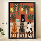 Cats at the Coffee Bar Wall Art – Cozy Boho Illustration Canvas Print on Natural Wood Frame | W2129
