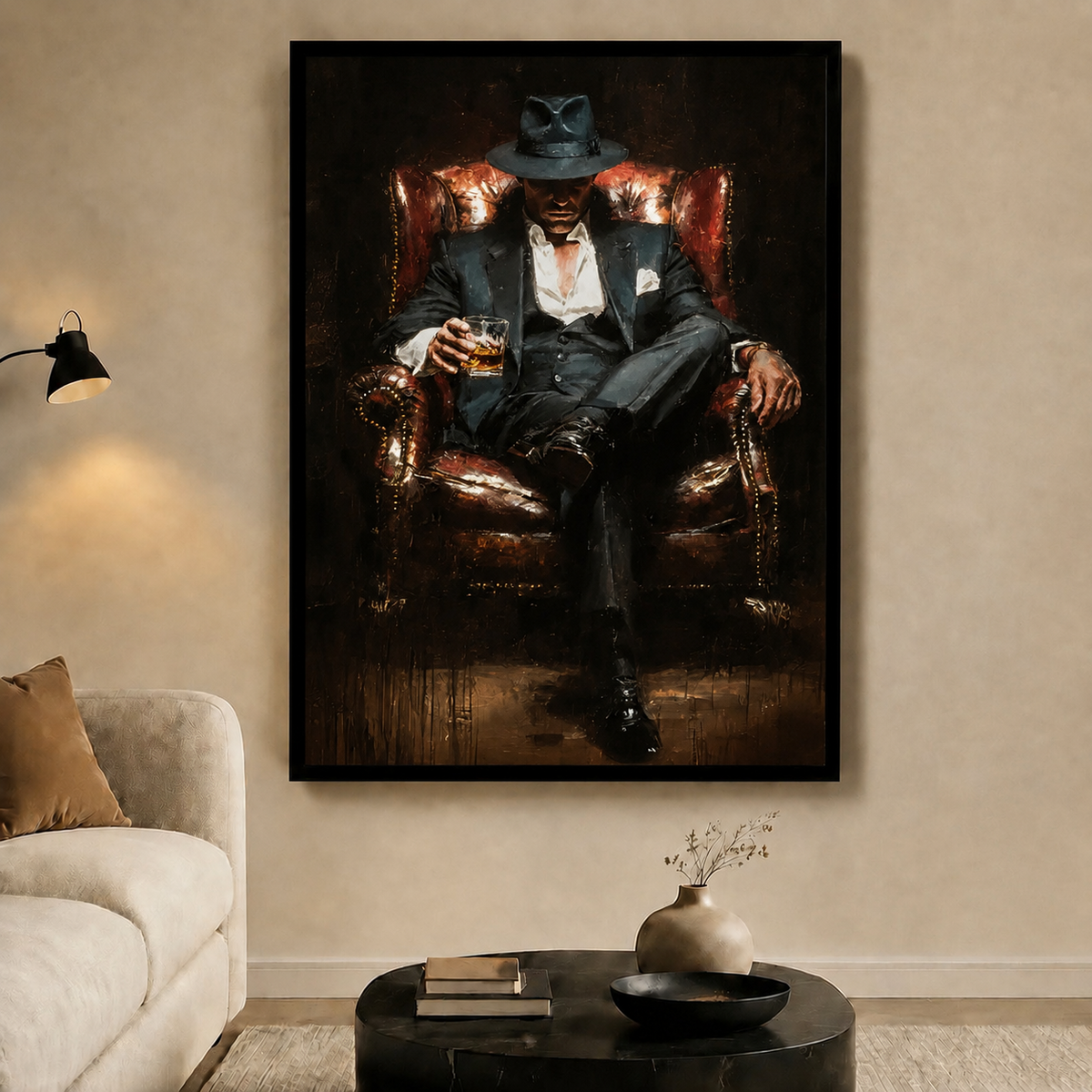 Gentleman Whiskey Chair Dark Cinematic Canvas Art