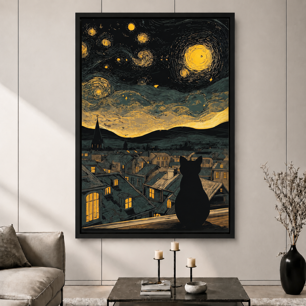 Van Gogh Starry Night Black Cat Canvas Art