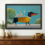 Dachshund Waiter with Cocktail Tray Wall Art – Whimsical Garden Party Canvas Print on Natural Wood Frame | W2184