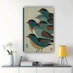 Japanese Style Songbirds Wall Art – Minimalist Woodblock Bird Canvas Print on Natural Wood Frame | W2324