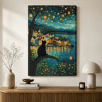 Black Cat Lantern Night Village Canvas Art