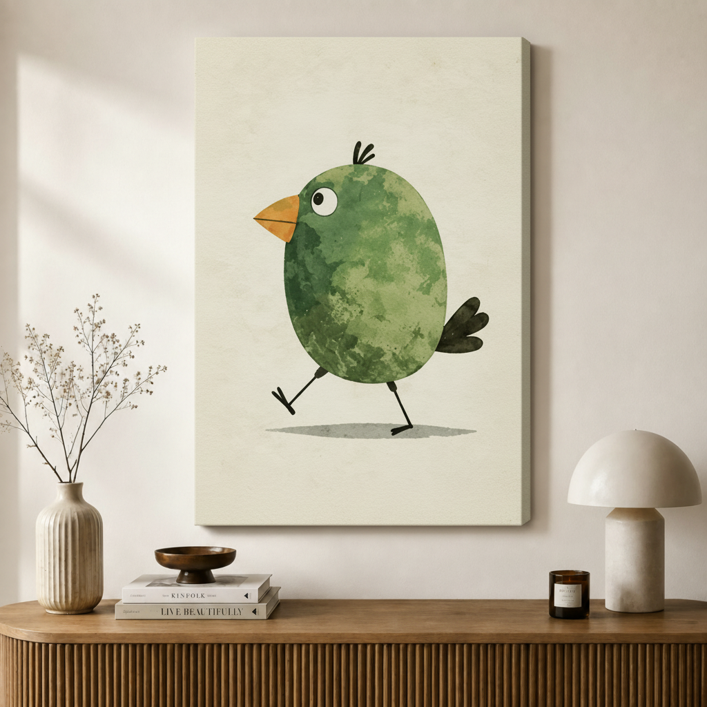 Cute Green Bird Minimalist Watercolor Canvas Art