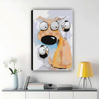 Big-Eyed Dog & Two Funny Birds Wall Art – Whimsical Cartoon Canvas Print on Natural Wood Frame | W2177