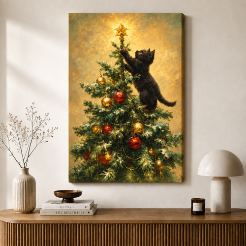 Black Cat Christmas Tree Oil Painting Canvas