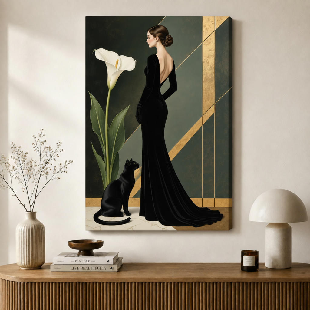 Art Deco Elegant Woman Black Cat Canvas Art
