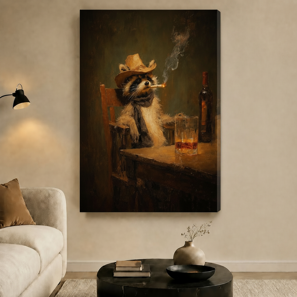 Raccoon Cowboy Whiskey Bar Canvas Wall Art