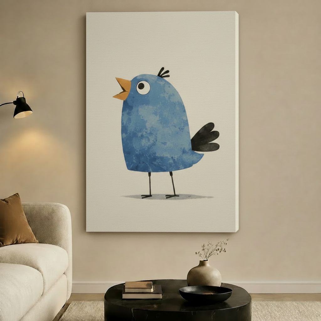 Chubby Blue Bird Singing Canvas Wall Art