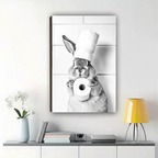 Chef Hat Bunny with Toilet Paper Wall Art – Funny Black & White Bathroom Canvas Print on Natural Wood Frame | W2135