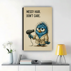 Messy Hair Don't Care Blue Bird Wall Art – Funny Bathroom Bird Canvas Print on Natural Wood Frame | W2316