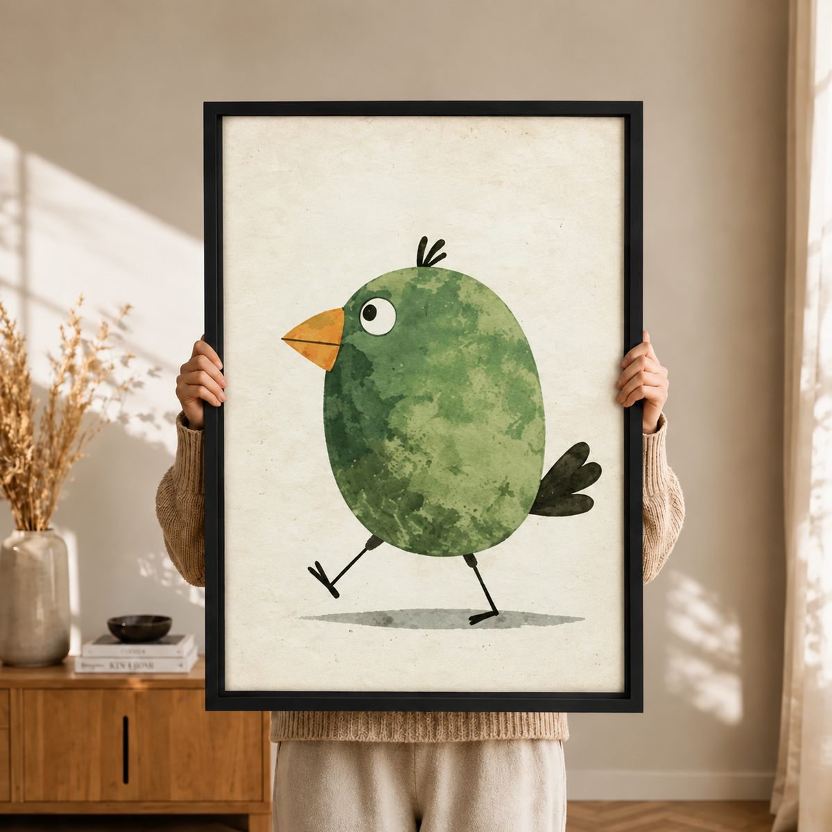 Cute Green Bird Minimalist Watercolor Canvas Art