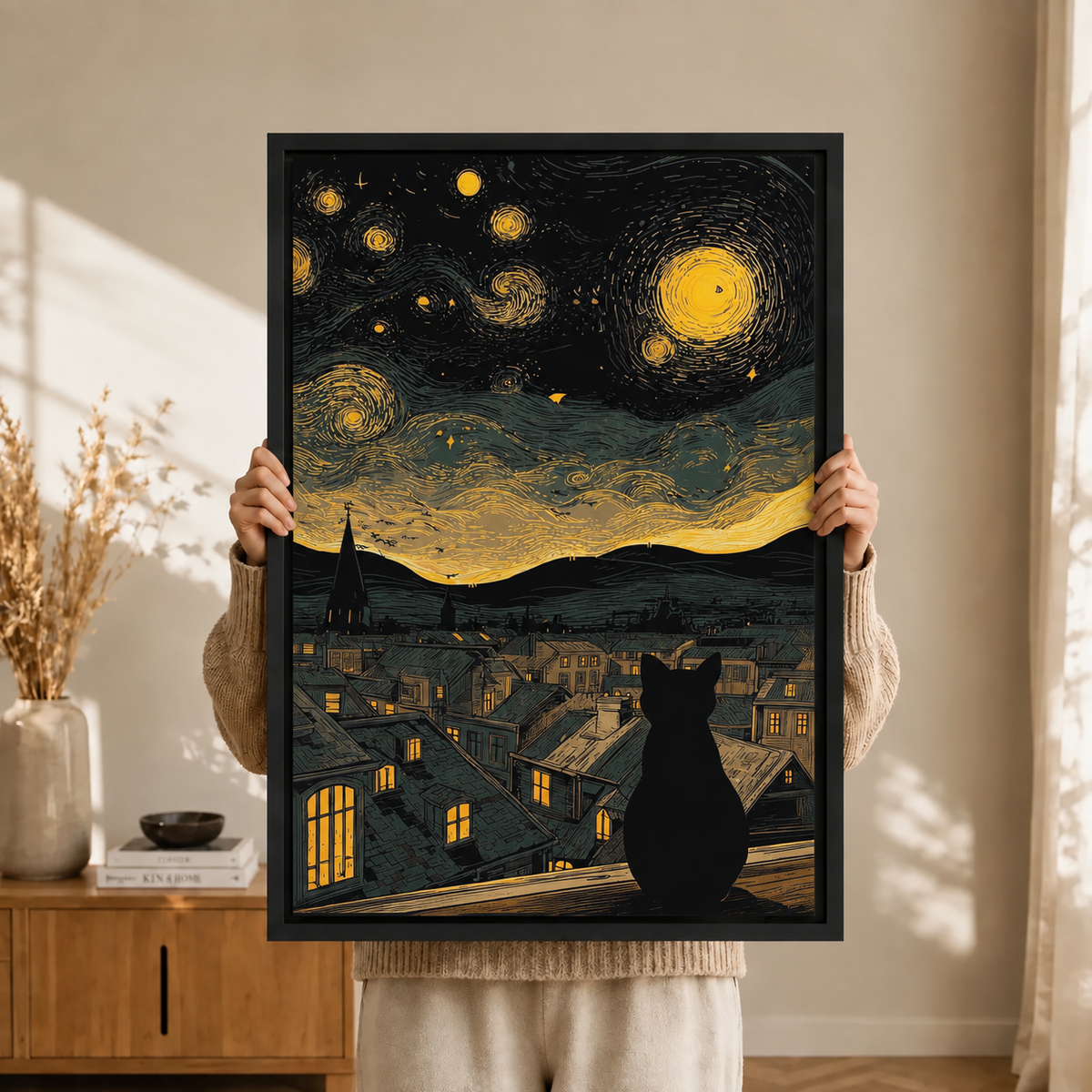 Van Gogh Starry Night Black Cat Canvas Art