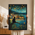 Black Cat Lantern Night Village Canvas Art