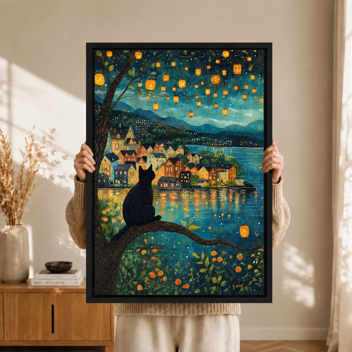 Black Cat Lantern Night Village Canvas Art