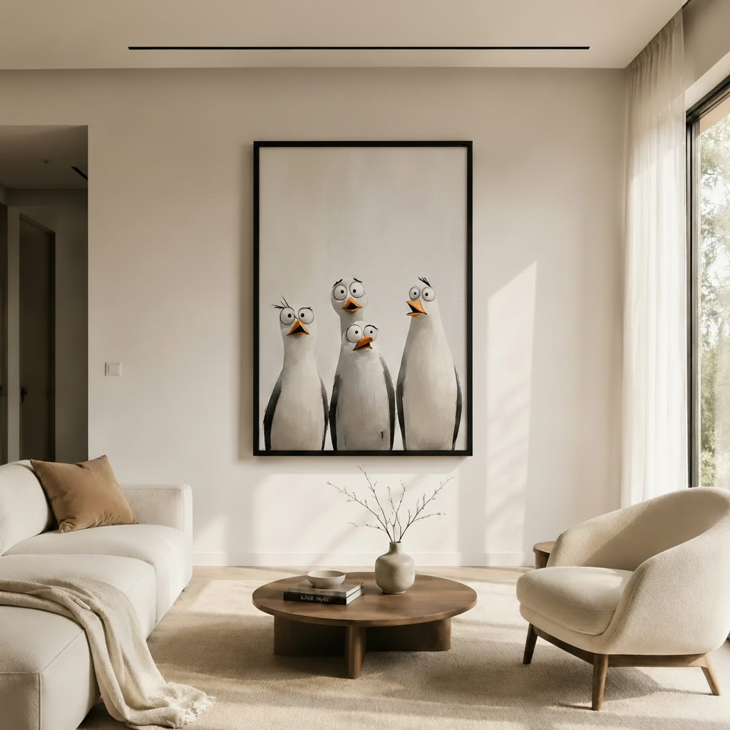 Four Curious Seagulls Whimsical Portrait Canvas Art
