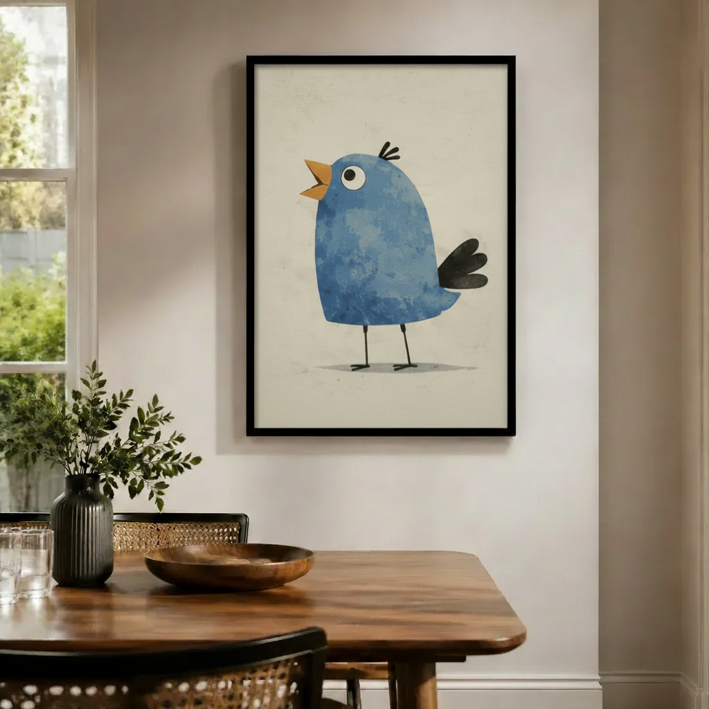 Chubby Blue Bird Singing Canvas Wall Art