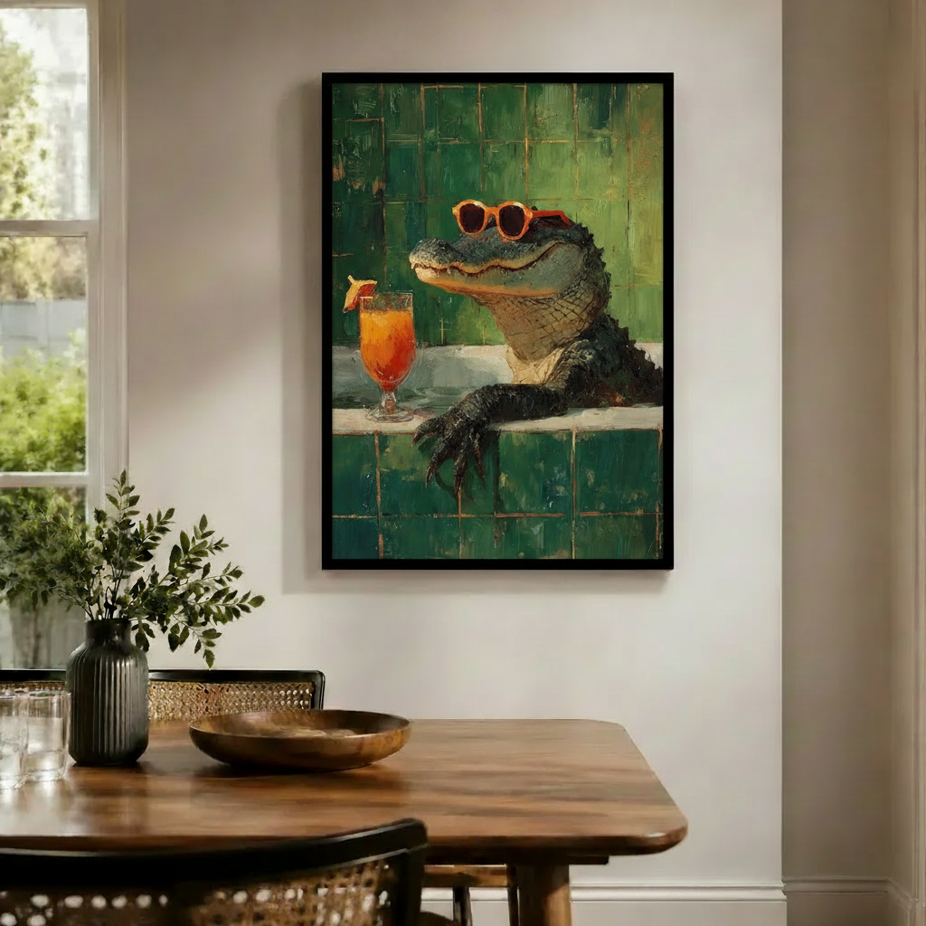 Poolside Gator Cocktail Funny Canvas Wall Art