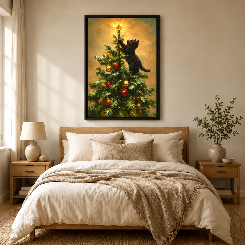 Black Cat Christmas Tree Oil Painting Canvas