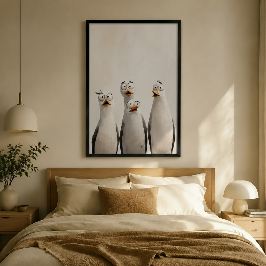 Four Curious Seagulls Whimsical Portrait Canvas Art
