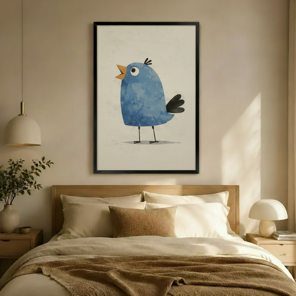 Chubby Blue Bird Singing Canvas Wall Art
