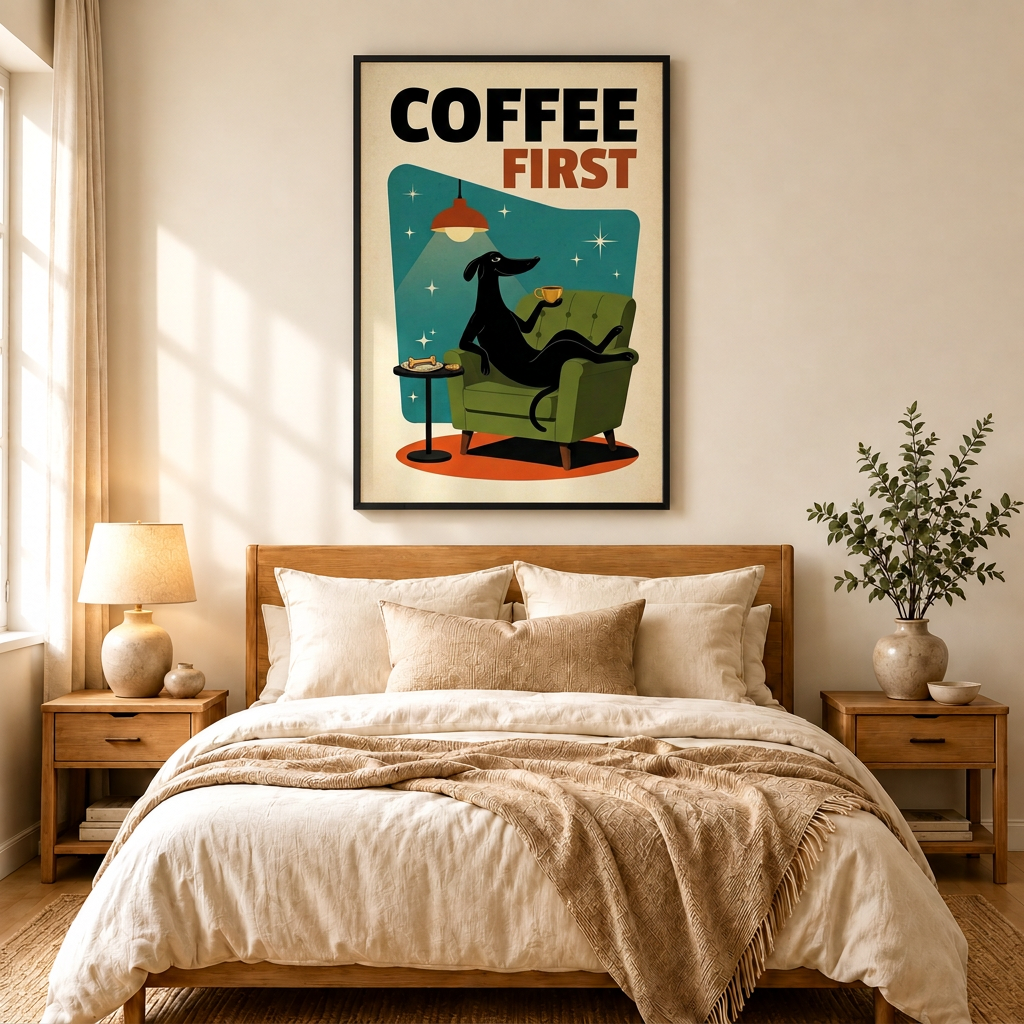 Coffee First Greyhound Retro Poster Canvas Wall Art