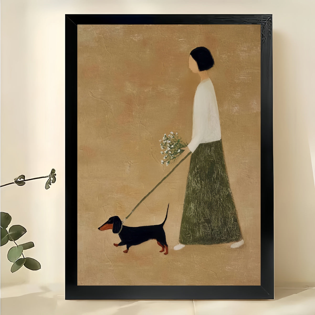 Minimalist Girl Walking Dachshund Wall Art – Warm Neutral Pet Canvas Print (Unframed Rolled Canvas) | W2108