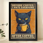 Before/After Coffee Sassy Black Cat – Wall Art on Natural Wood Canvas | W784