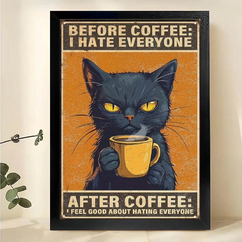 Before/After Coffee Sassy Black Cat – Wall Art on Natural Wood Canvas | W784