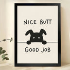 Funny Dog Bathroom Sign Wall Art – "Nice Butt Good Job" Dog Canvas Print on Black Wood Frame | W2260
