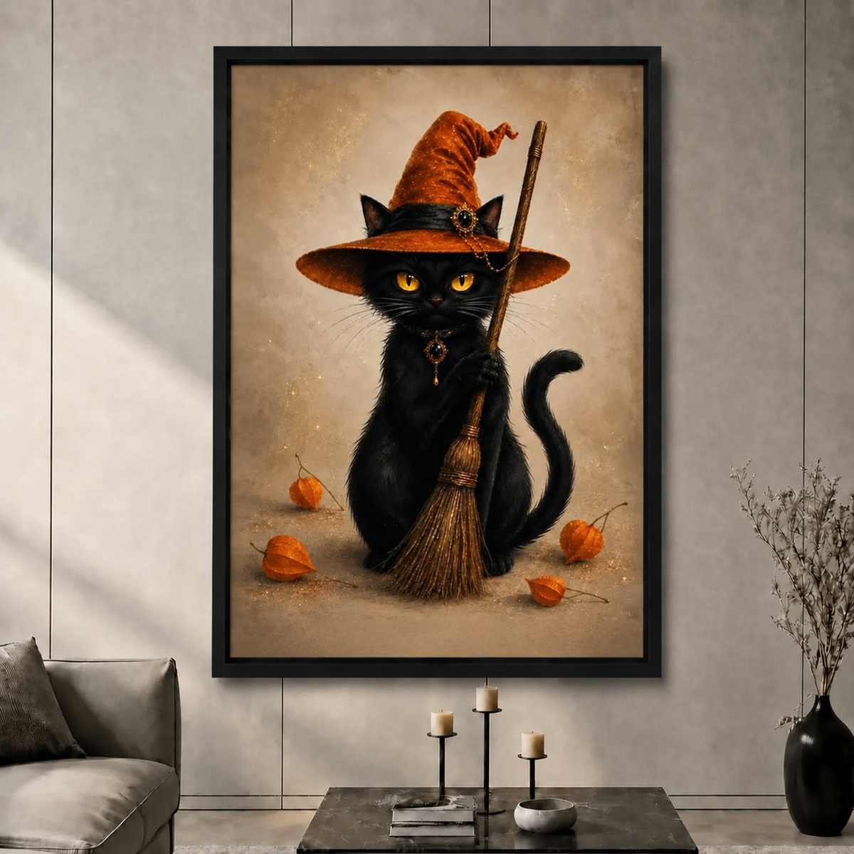 Black Cat Witch Hat Broom Halloween Canvas Art