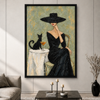 Elegant Lady Black Cat Cocktail Textured Canvas Art