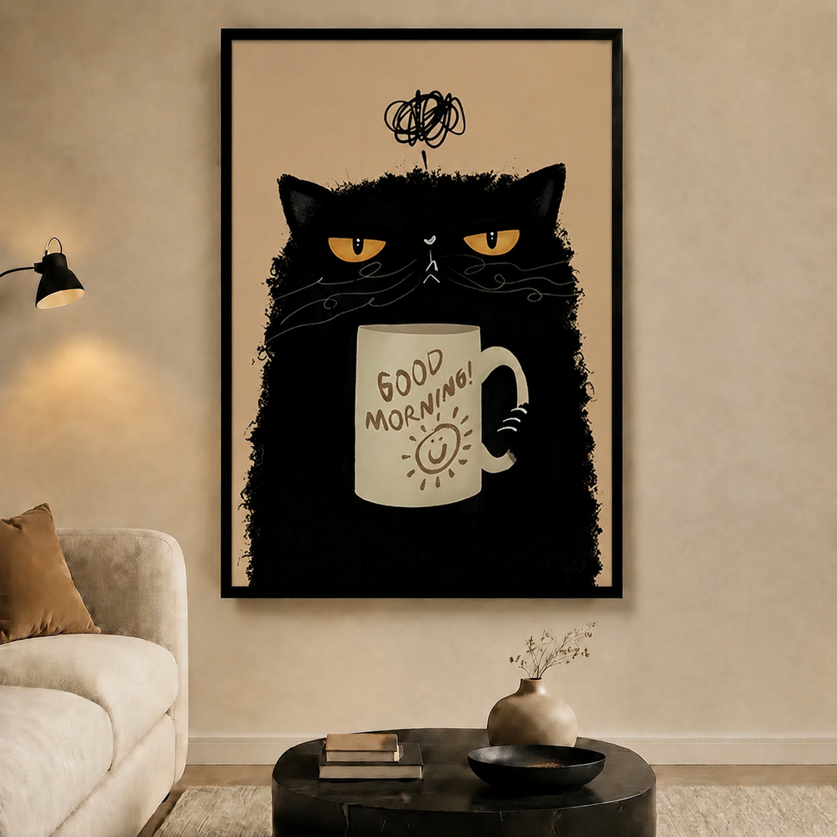 Grumpy Black Cat Good Morning Coffee Canvas Art