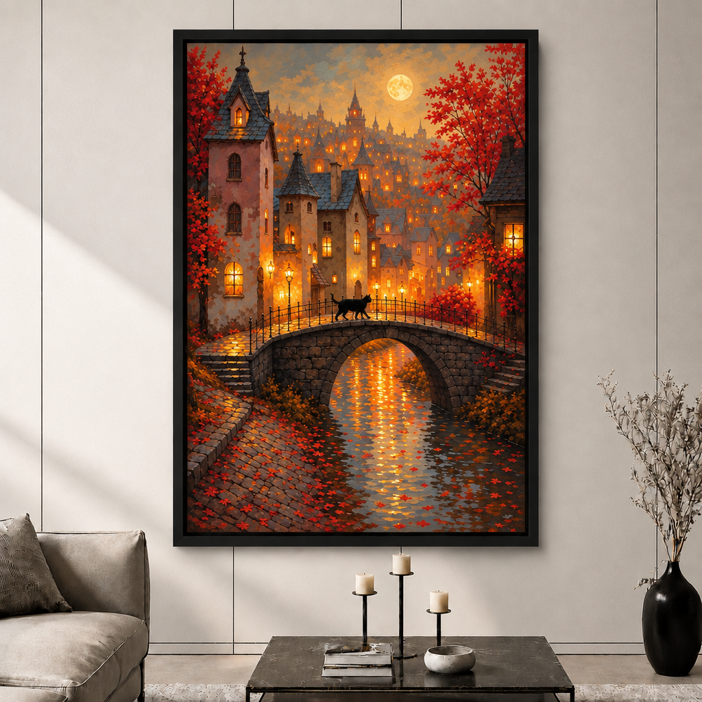 Fantasy Autumn Cat Bridge Canvas Art