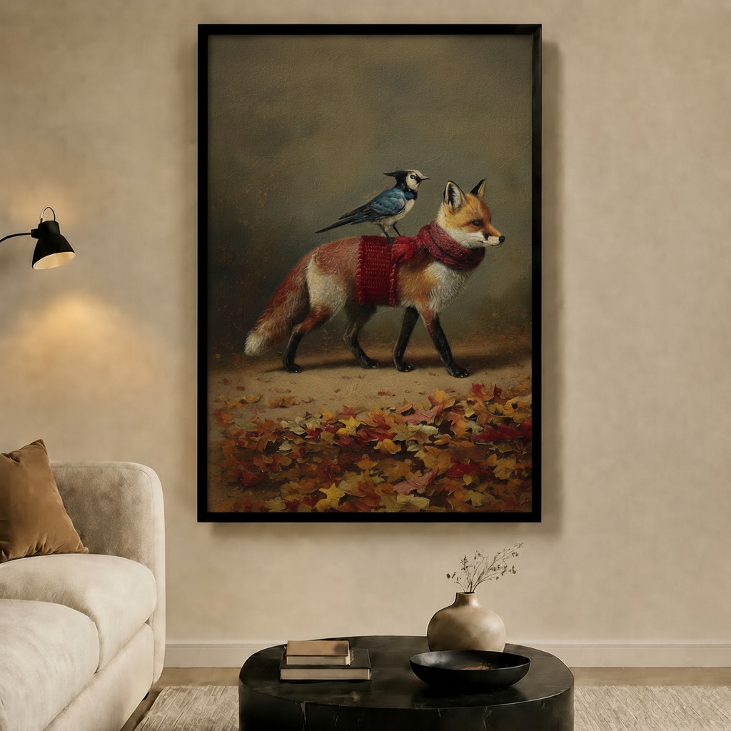 Fox and Blue Jay Autumn Canvas Wall Art