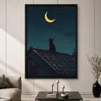 Moonlit Cat Rooftop Night Sky Canvas Art